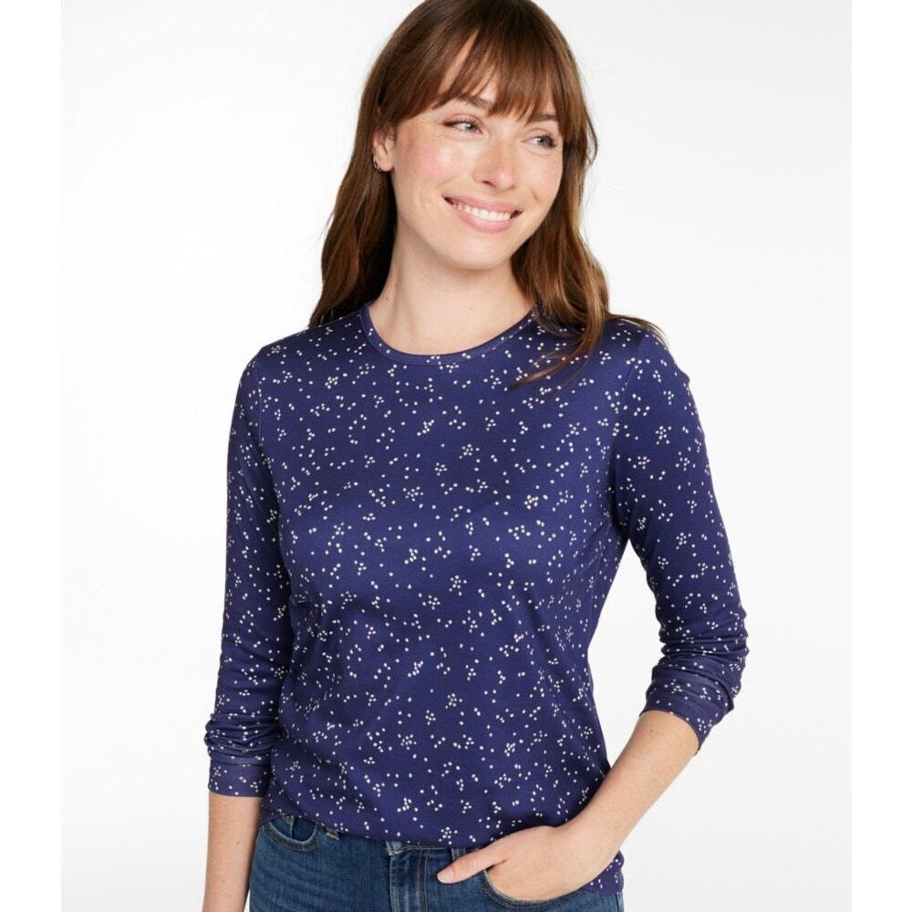 L.L. Bean Cotton Long-Sleeve Crewneck Tee Dark Twilight Blue Scatter Dot XL NWT